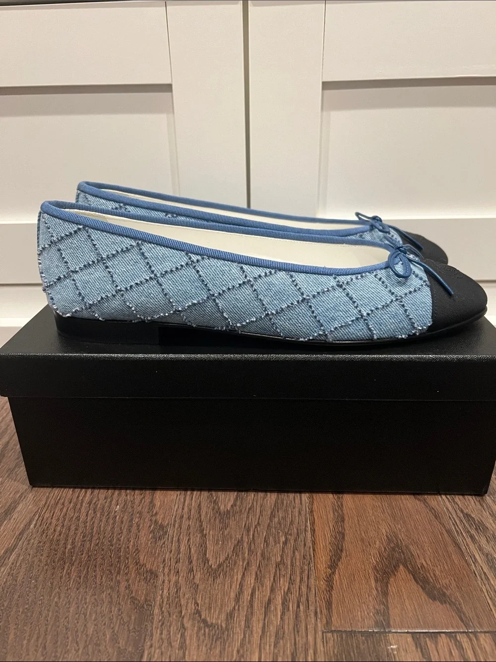 CHANEL Light Blue Denim and Black Cap-Toe Ballet Flats